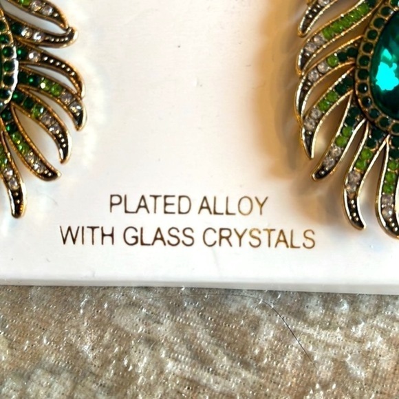 Brand New Eye Candy Crystal Peacock Feather Drop Earrings Green Sparkly - Picture 6 of 12